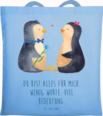 Produktbild von Mr. & Mrs. Panda Stoffbeutel Pinguin Pärchen - Sky Blue - Geschenk, Shopping Tasche, Hochzeit, Laptoptasche, Hochzeitstag, Tote Bag, Liebe, Einkaufstasche, Jutebeutel