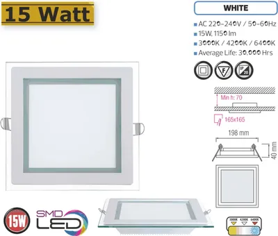 Image de panneau LED 15W verre encastré Ø200x200mm blanc neutre 4200K plafonnier éclairage encastré angle