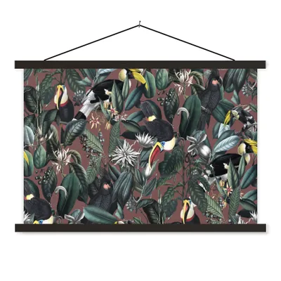 Produktbild von MuchoWow® Textilposter Blumen - Tukan - Blätter 60x40 cm mit schwarzem Rahmen - Hölzernes