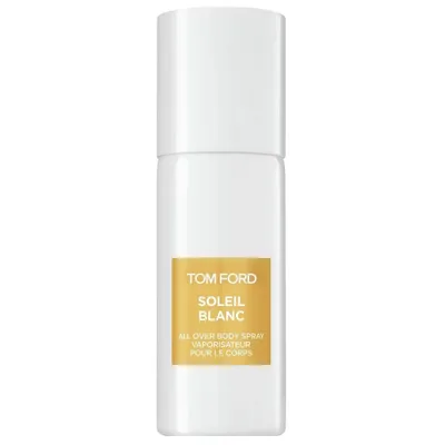 A white spray bottle of Tom Ford Soleil Blanc All Over Body Spray against a white background.