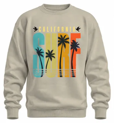 Imagen del producto de Sudadera con cuello redondo, estilo retro vintage, con motivos de surf, palmeras, playa y la costa oeste de California, diseño oceánico, color natural, talla XXL