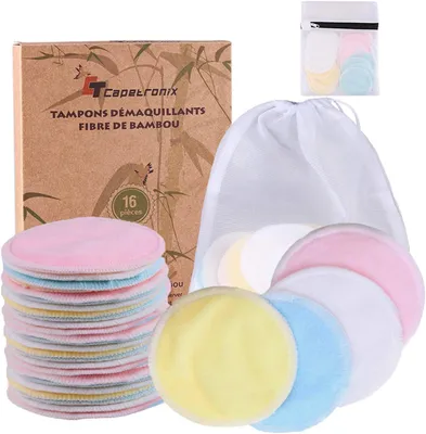 Productafbeelding van Make-up verwijderpads van bamboevezel, herbruikbaar, 16 stuks, met 2 waszakjes, geschikt voor alle huidtypes