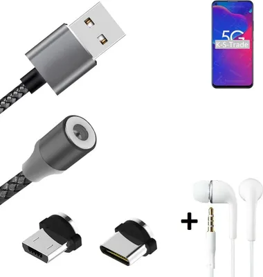 Produktbild von K-S-Trade® Hochwertiges Magnet-Lade-kabel Sync-Kabel Daten-Kabel + Kopfhörer kompatibel mit ZTE Axon 11 SE mit USB-Typ-C-Anschluss und