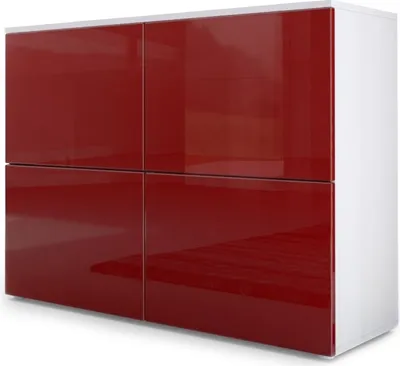 A studio shot of a sideboard with a white frame and red high-gloss doors.