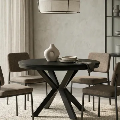Image de Table ronde à rallonges pour salle à manger RAL avec piétement en anneau, style loft, industriel, diamètre : 120 / 220 cm, couleur : noir
