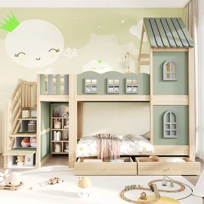 Produktbild von Kinder-Etagenbett 90x200 cm aus Kiefernholz & MDF Hausbett mit Treppe Schubladen Regale Wolken-Rausfallschutz Spielplattform Grün Grau Natur Exkl. Matratze