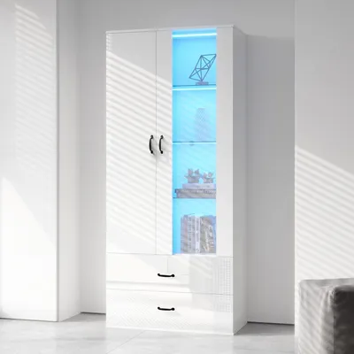 Obrázok produktu pre Biela LED vitrína, 59,5 x 35 x 182 cm, stojaca vitrína s 2 dvierkami a ovládaním cez aplikáciu