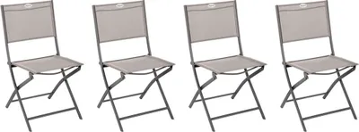 Four folding garden chairs are shown from the front.