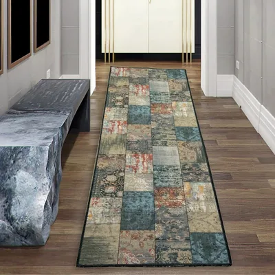 Produktbild von Moderner Teppich eleganter Stil mit Quadraten orientalisch gemustert braun grau orange mehrfarbig Größe - 80 x 150 cm