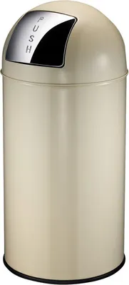 A cream-colored trash can with a silver push-button lid.