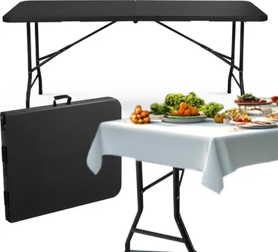 A black folding table is shown in its folded and unfolded states, with a separate table set for a buffet.
