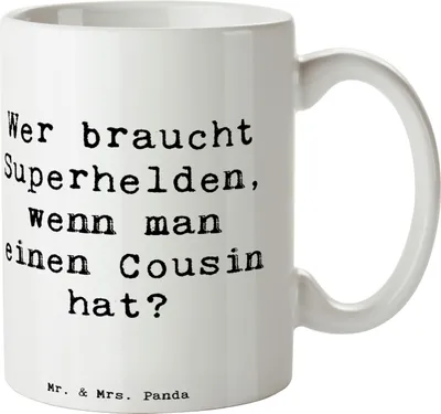 Produktbild von Mr. & Mrs. Panda Pott Spruch Cousin Held - Weiß - Geschenk, Cousine, Bedruckte Tasse, Cousins, Superhelden, Kaffeetasse, Familie, Helden, Lächeln, Verwandtschaft, Becher