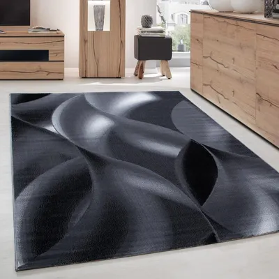 Produktbild von Moderner Designer-Wohnzimmerteppich mit kurzem Flor und Wellenmuster, schwarz und grau 80 x 300 cm