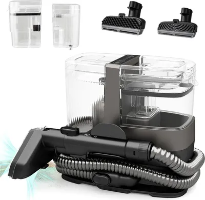 A carpet cleaner with accessories displayed against a white background.