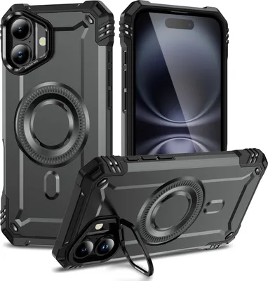 Produktbild von Magnetisch Hülle für iPhone 16, Heavy Duty Militärischer Stoßfest Handyhülle Kamera-Ringständer Grau