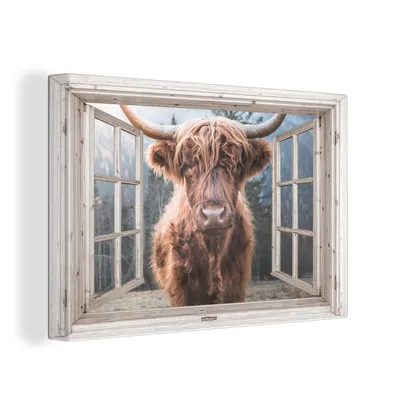 Produktbild von OneMillionCanvasses® - Leinwandbilder - 150x100 cm, Schottisches Hochlandrind - Kuh - Berg - Aussicht, Wandbilder Kunstdruck Wanddekoration