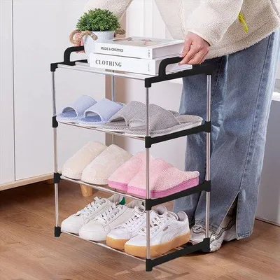 Produktbild von Unyqoos® Schuhregal (4 Ebenen) – platzsparend, aus rostfreien Stahl-Kunststoff-Verbundrohren & PP-Kunststoff, für bis zu 8 Paar, 43×26×60 cm, schwarz