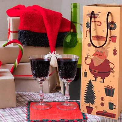 Produktbild von 12er-Pack Weihnachtsgeschenktüten für Weinflaschen - Kraftpapier - Zugband - 36 x 13 x 8 cm