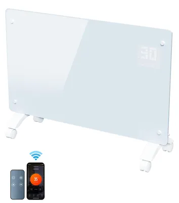Produktbild von Eikuavons Glas-Konvektorheizung 2500W Weiß, WiFi Tuya Smart, Fernbedienung, Thermostat 5–50 °C, Wandmontage oder Rollen, IP24
