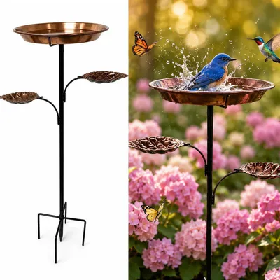 Image de Baignoire pour oiseaux sur pied, 2-en-1 : bain pour oiseaux et distributeur de nourriture, en métal. Comprend 3 abreuvoirs, une base à 5 branches, est résistante aux intempéries et a une finition en cuivre vieilli. Hauteur : 93 cm
