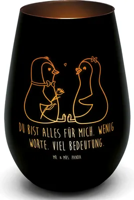 Produktbild von Mr. & Mrs. Panda ambiente licht Pinguin Pärchen - Schwarz - Geschenk, Liebe, Teelichthalter, Laterne, Pinguine, Windlicht Glas, Kerzenhalter, Hochzeitstag, Gold