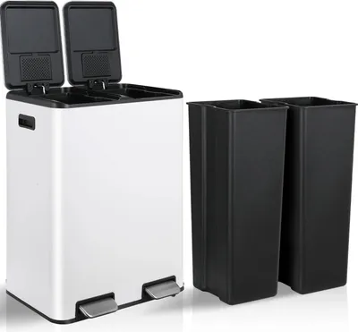 Zdjęcie produktu dla Pojemnik do segregacji odpadów - Dwukomorowy pojemnik z pedałem - 60 l - Stal nierdzewna - Wyjmowany pojemnik wewnętrzny - Jasnoszary
