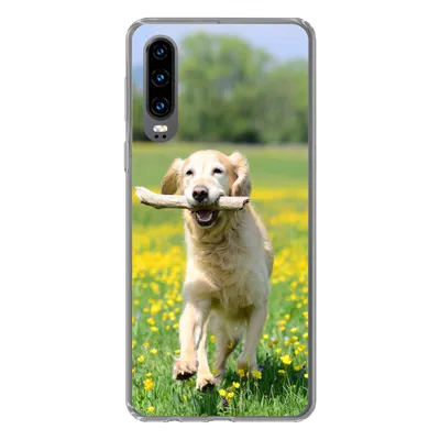 Produktbild von MuchoWow® Handyhülle Schutzhülle Hülle für Huawei P30 Golden Retriever mit einem Zweig im Maul zwischen gelben Blumen Silikon Softcase Handy Hülle - Kartenbesitzer