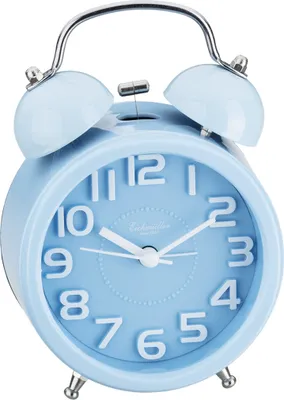 A close-up studio shot of a light blue analog alarm clock with silver bells and accents.