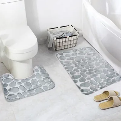 Produktbild von Badematten Set 2-teiliges, Badegarnitur, WC Vorleger, Badvorleger, Badeteppich, antirutsch beschichtet, extra stark saugfähig （Grau）