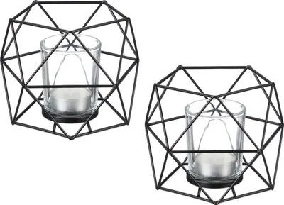 Produktbild von Relaxdays Teelichthalter, 2er Set, Metall, geometrisch, H x B x T: 10 x 13 x 12 cm, Kerzenständer mit Votivglas, schwarz
