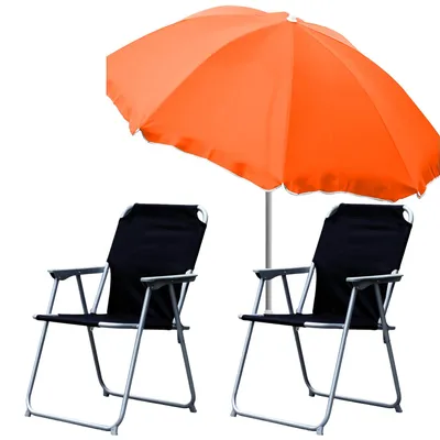 Productafbeelding van 2 campingstoelen, inklapbaar, zwart + zonnescherm, diameter 180 cm, oranje