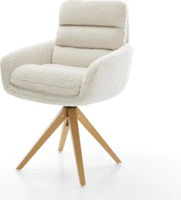 Produktbild von DELIFE Drehstuhl Abelia-Flex mit Armlehnen Teddystoff Beige Holzgestell kantig Natur 180° drehbar