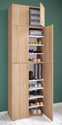 Produktbild von VCM Holz-Schuhschrank | Maße: H. 200 x B. 70 x T. 39 cm | Allzweckschrank | 9 Fächer | 4 Drehtüren | Aufsatz mit 2 Türen – Lona