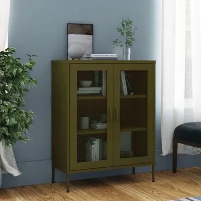 Productafbeelding van Vitrine "Hatzenbühl" van staal in olijgroen. Afmetingen (lengte/breedte/hoogte): 80x35x101 cm