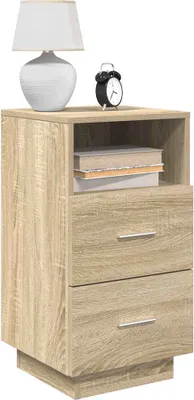 A bedside table with a lamp and an alarm clock on top.