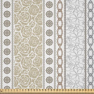 Produktbild von ABAKUHAUS Rose Microfaser Stoff als Meterware , Vintage vertikale Grenzen mit abstrakten Blüten und klassischen viktorianischen Motiven, 10 M (230 x 1000 cm), Grau Tan und Weiß