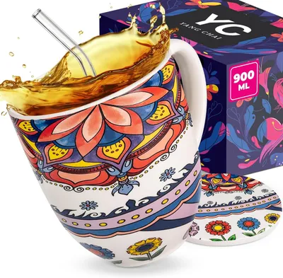 Produktbild von YC YANG CHAI Jumbotasse 900ml - XXL Tasse mit Untersetzer - große Teetasse, Jumbo Tasse, Tee Tasse, Riesenbecher, Kaffeebecher, Jumbobecher
