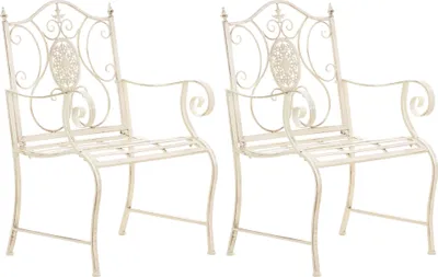 Two cream-colored ornate metal garden chairs are shown side-by-side against a white background.