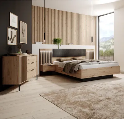 Produktbild von Schlafzimmer-Set mit Bett 160x200 cm, 2 Nachttische mit Beleuchtung & Kommode, in Eiche mit Anthrazit, Lamellen - TALCA-167