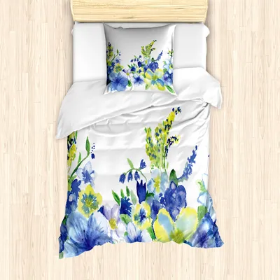 Produktbild von ABAKUHAUS Aquarell-Blumen Mantele, Aquarell-Blumen, Milbensicher Allergiker geeignet mit Kissenbezügen, 135 cm x 200 cm - 80 x 80 cm, Blau Gelb