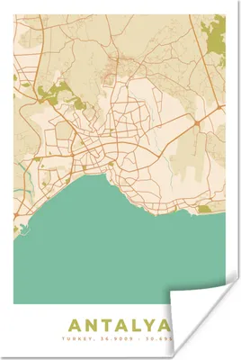 Produktbild von MuchoWow® Poster Antalya - Karte - Stadtplan - Vintage 60x90 cm - Wanddekoration