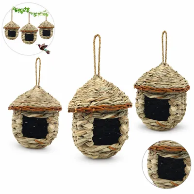 Produktbild von 3er-Set Kolibri-Nester, handgeflochtene Vogelnester zum Aufhängen, natürliches Stroh-Nest für kleine Vögel, Nisthöhle, Gartendekoration