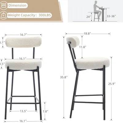 Produktbild von Balkonstühle, Set aus 2 – Modernes Design – Bouclé-Bezug – Schwarze Metallfüße – Weiße Sitzfläche