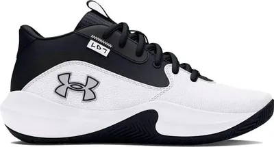 A side view of a white and black Under Armour basketball shoe.