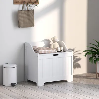 Produktbild von Aufbewahrungstruhe mit Deckel und Sicherheitsscharnier, Holztruhe Kissenbox MDF lackiert, Weiß | 56,5 x 38 x 56 cm | 61 L | 12,1 kg