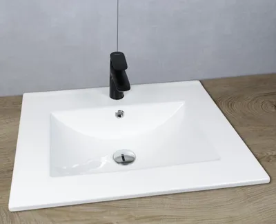 Produktbild von Keramik Waschbecken eckig 610x465x175 weiß mit Überlauf Einbauwaschbecken mit Pop-Up Ablauf chrom
