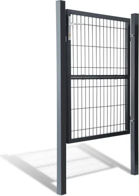 A dark gray metal garden gate with a wire mesh infill, standing upright on a white background with a shadow cast on the ground.