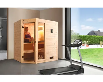 Obrázek produktu pro Finská sauna z masivního dřeva Weka Valida rohová GTF vel.1 vč. 4,5kW kamen a digitálního ovládání s oknem a celoskleněnými dveřmi z čirého skla