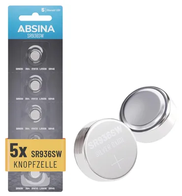 Produktbild von ABSINA 5er Pack SR936SW Uhrenbatterie Knopfzelle 1,55V Silberoxid 394 - Batterie 394 Uhrenbatterie lange Haltbarkeit