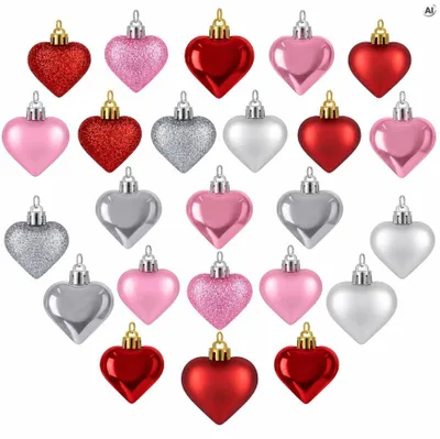 Christbaumschmuck Herzen 24er Set - Weihnachtskugeln in Rot, Rosa und Silber
